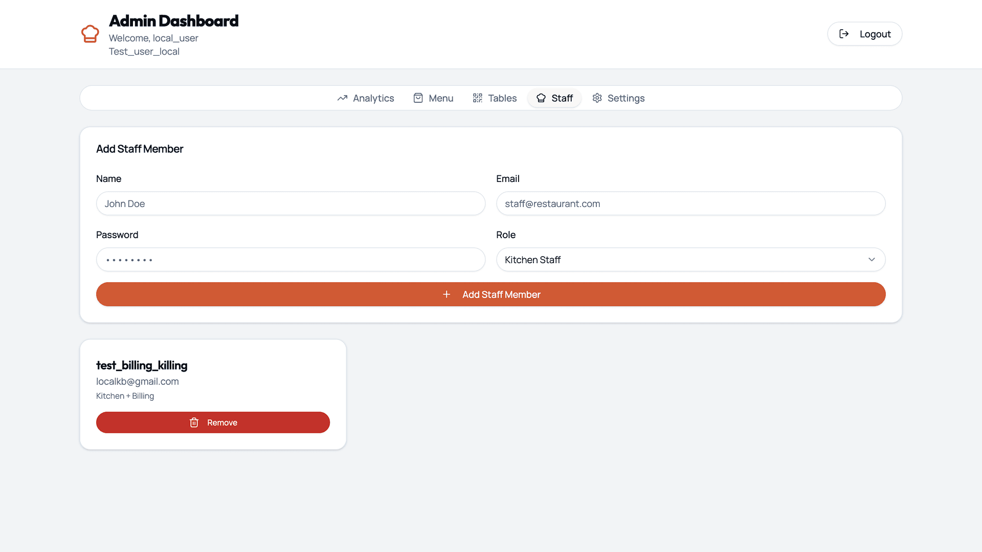 Staff access management screenshot in the Dineflo restaurant QR ordering platform