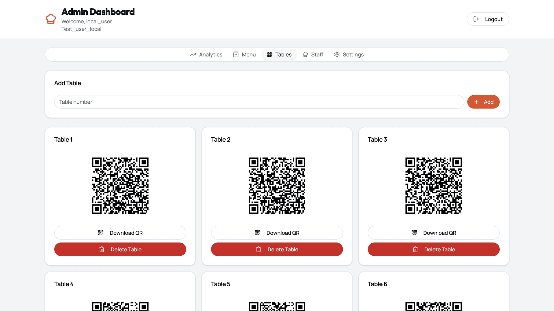 QR table management screenshot in the Dineflo restaurant QR ordering platform