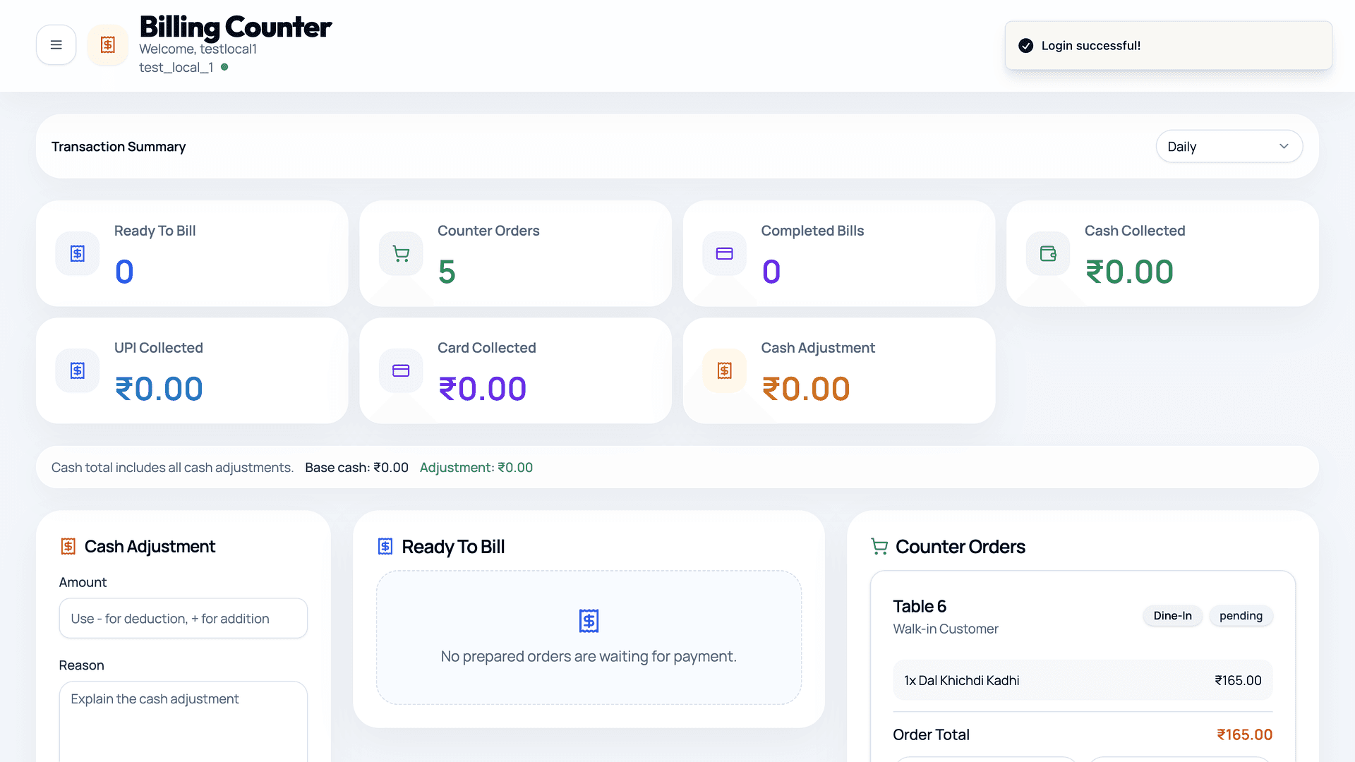 Billing counter screenshot in the Dineflo restaurant QR ordering platform