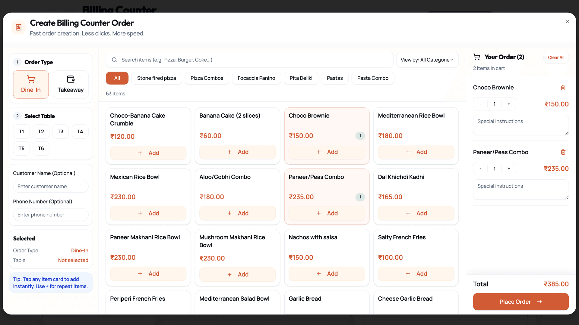 Fast counter ordering screenshot in the Dineflo restaurant QR ordering platform